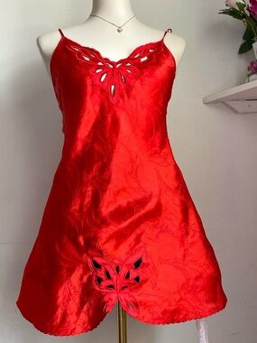 Natori Red Satin Slip with Subtle Jacquard Motif